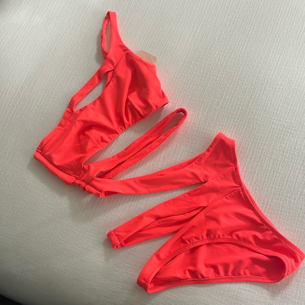 Agent Provocateur- one shoulder, one piece cut out swim suit. Neon.